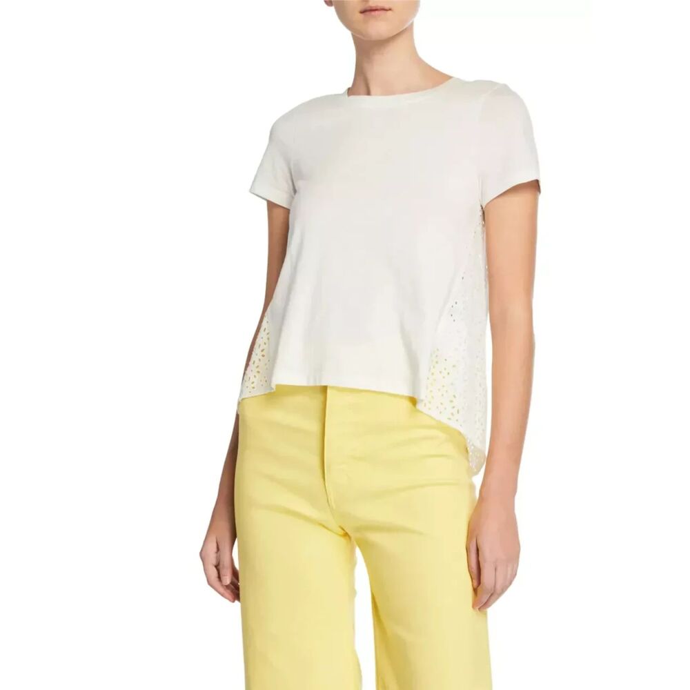 Veronica Beard Jeans Mauna Eyelet Cotton Tee, White, Size S